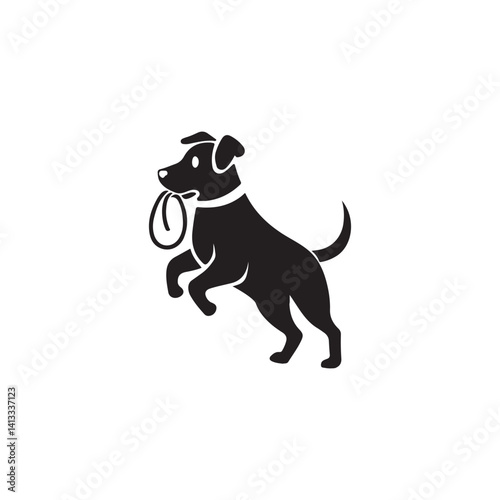 Playful Dog Holding a Toy in Silhouette Style.A silhouette of a dog in a playful pose, standing on its hind legs and holding a toy in its mouth.