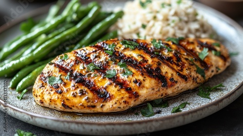 Grilled chicken breast served with green beans and brown rice on a plate, presented with a close-up and culinary details.