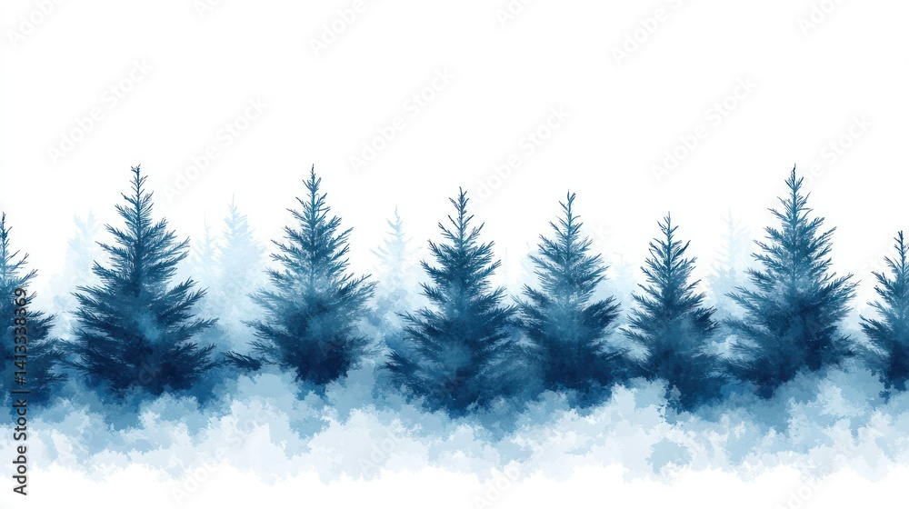 Obraz premium Winter forest scene, a row of dark blue coniferous trees in a misty, cloudy landscape