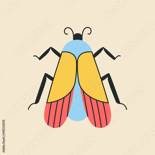 Colorful insect with red, yellow wings and blue body. Bug with four legs, and antennae resembling beetle, firefly, cicada and leaf insect, vector illustration in flat cartoon style on light background