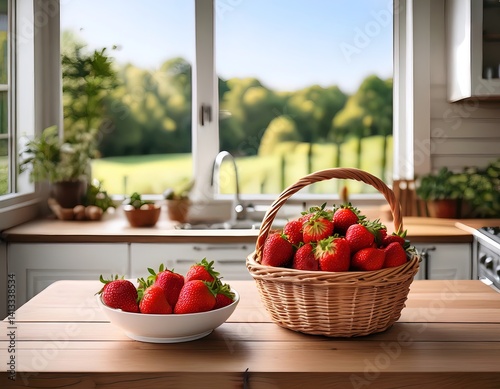 una canasta con frutillas, un plato con un par de frutillas partidos en dos, sobre la mesa limpia de madera de una cocina calida y acogedora que tiene una ventana que da a un hermoso jardin