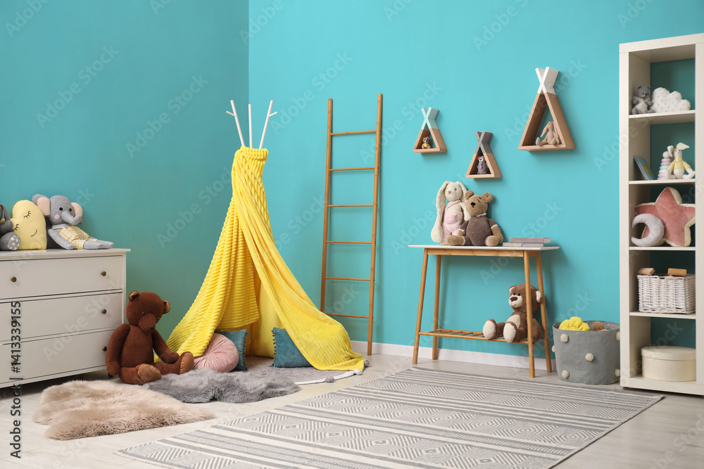 Cozy playroom with toys and furniture. Stylish children's room interior
