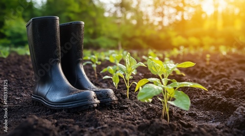 Dark rubber gardening boots positioned amongst delicate young sprouts in rich, damp soil, suggesting recent planting or cultivation.