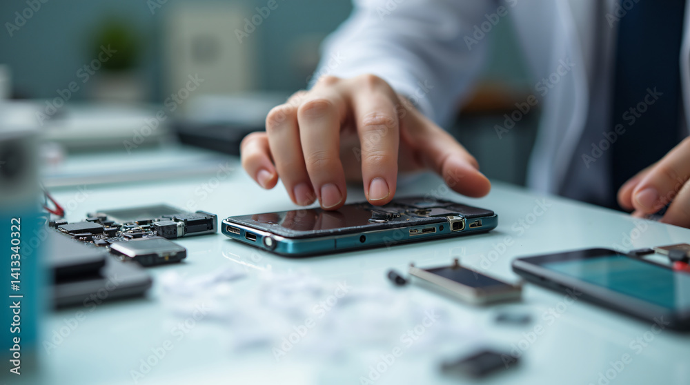 Close-up of technician's hand repairing a smartphone on a white table. There are many electronic devices on the table, Close-up of technician's hand repairing a smartphone on a white table. There are many electronic devices on the table,