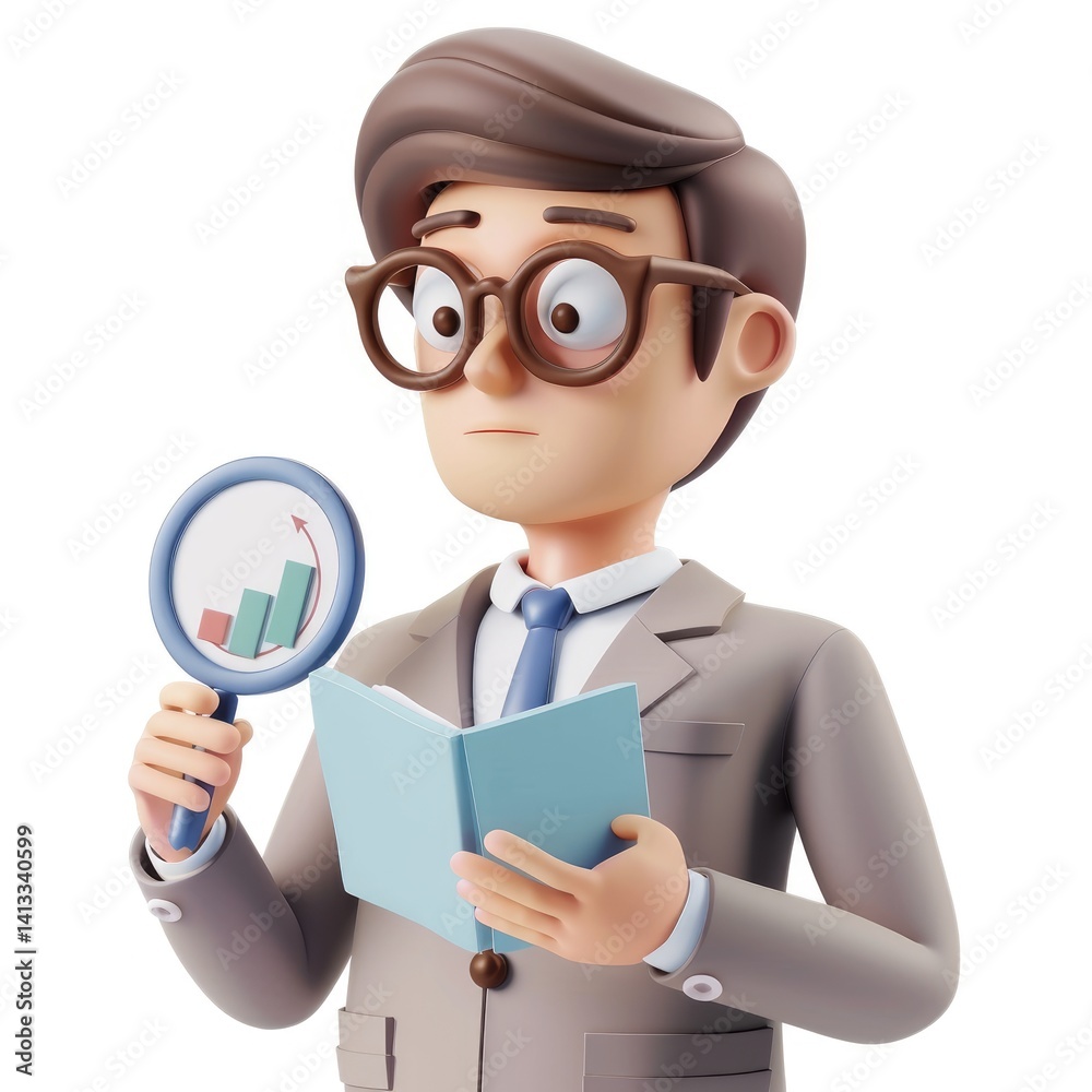 Cartoon businessman examines financial data. Cartoon businessman examines financial data.