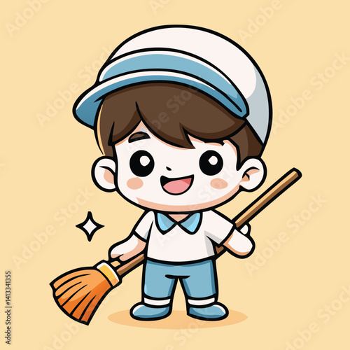 Cute Cartoon Janitor Boy With Broom Sweeping Floor Illustration Character Design