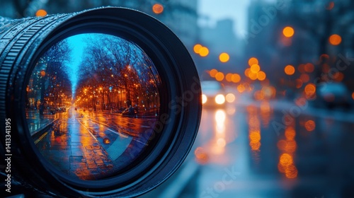 Capturing a rainy city street at dusk through a camera lens reflecting shimmering lights and colors