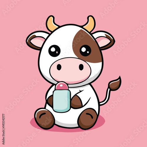 Cute Baby Cow Cartoon Character Drinking Milk From Bottle Illustration