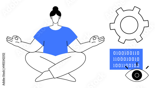 Person meditating, binary code pattern, gear, and eye icon. Ideal for mindfulness, technology, innovation, analytics, meditation balance or a simple landing page