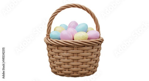 Pastel Easter eggs in a woven basket a spring celebration bright colors simple background