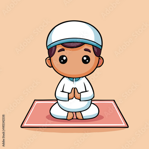 Cute Cartoon Muslim Boy Praying On A Prayer Rug With Peacefulness