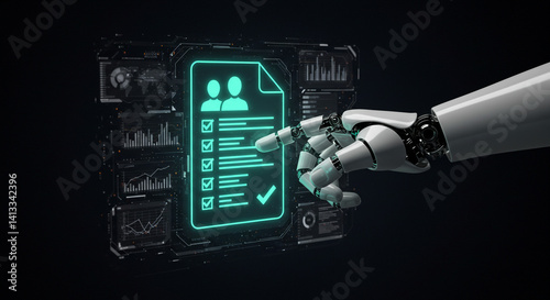 Robotic hand reviewing digital profile futuristic teal interface automated personnel assessment tech