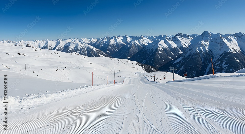 Obraz premium Ski Slope Panorama View with Snow Covered Mountains Against Blue Sky