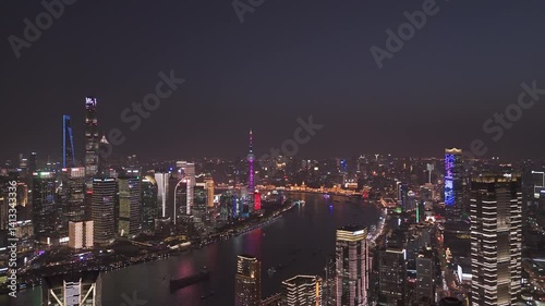 Wallpaper Mural 4K Real Time Aerial view of Shanghai skyline with winding river in downtown at night Torontodigital.ca