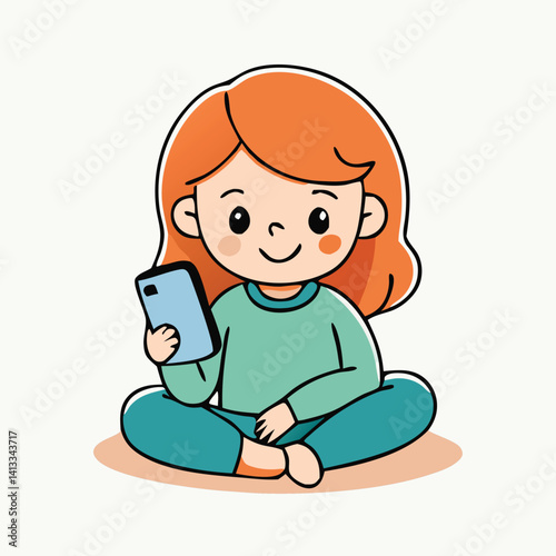 Cute Cartoon Girl Using Smartphone Sitting Cross Legged On The Floor At Home