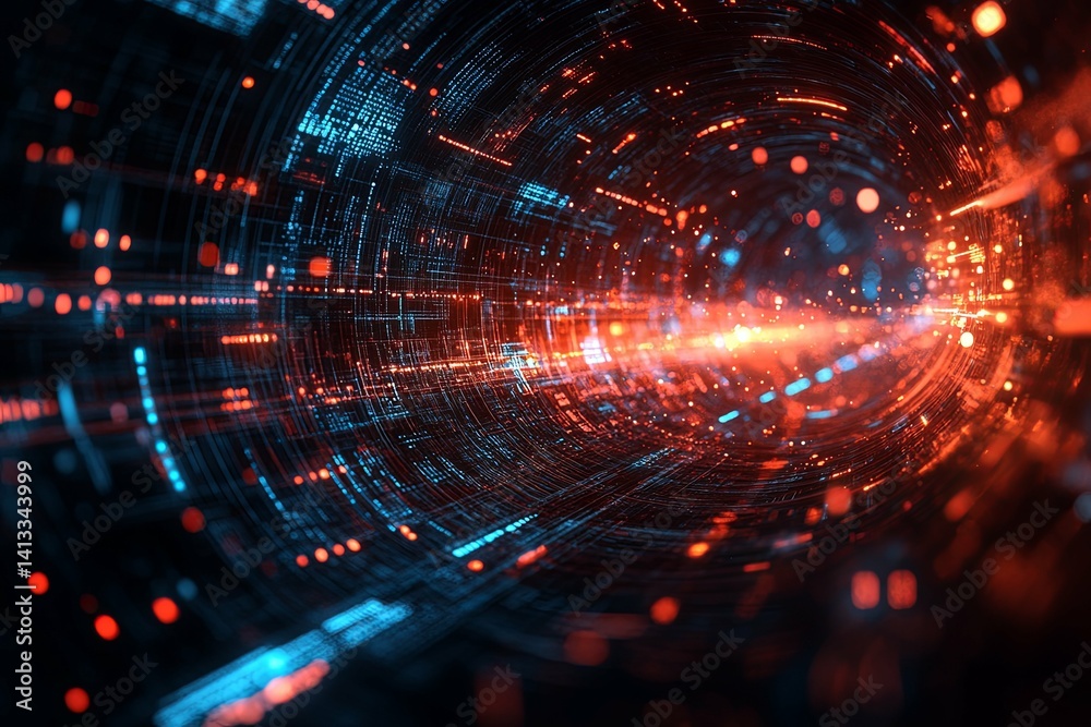 Digital tunnel representing data flow with red and blue particles Digital tunnel representing data flow with red and blue particles