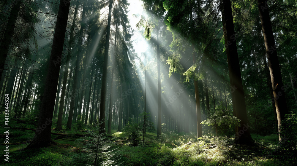 Fototapeta premium A lush forest landscape with natural greenery and soft lighting, perfect for eco-friendly themes or nature backdrops.