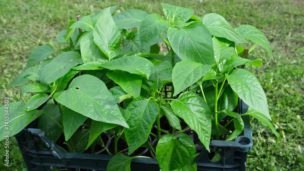 Green pepper seedlings grown from seeds are ready for planting in the garden. Gardeners are expecting a good harvest. Gardening concept. Green pepper seedlings grown from seeds are ready for planting in the garden. Gardeners are expecting a good harvest. Gardening concept.