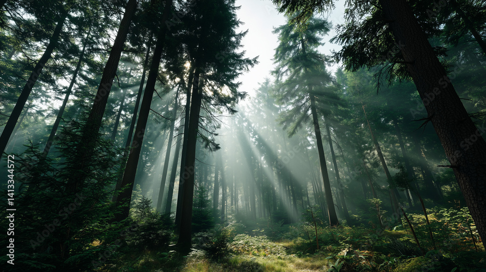 Obraz premium A lush forest landscape with natural greenery and soft lighting, perfect for eco-friendly themes or nature backdrops.
