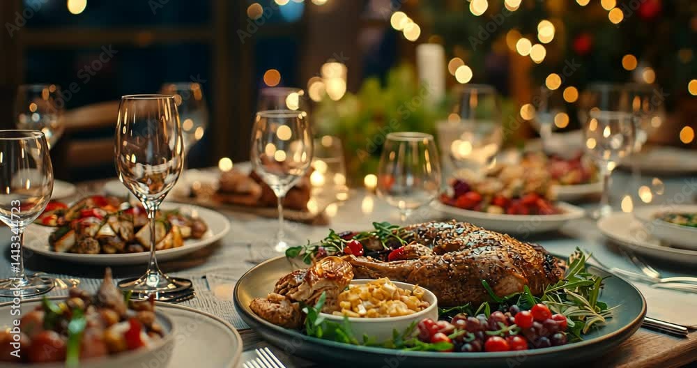 Christmas Dinner Table with Roasted Duck and Festive Lights Christmas Dinner Table with Roasted Duck and Festive Lights