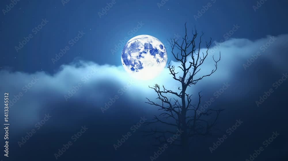 Full moon glowing behind clouds with silhouetted barren tree branches in a dark blue night sky with stars, mysterious atmosphere. Full moon glowing behind clouds with silhouetted barren tree branches in a dark blue night sky with stars, mysterious atmosphere.