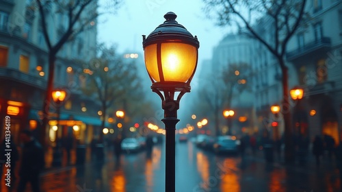 Fototapeta Naklejka Na Ścianę i Meble -  Parisian street lamp at dusk in the rain. City lights illuminate the wet streets