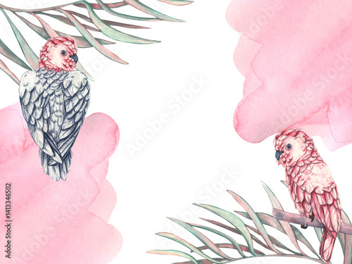 Template of Postcard with tropical parrots in palm leaves and Abstract pink liquid watercolor background. Watercolor illustration for wedding invitation on wedding ceremony. Background save the date