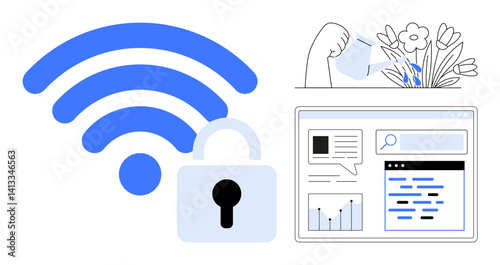 wireless signal with lock, data panel featuring analytics and search, watering flowers as growth metaphor. Ideal for cybersecurity, digital growth, data protection, analytics, sustainability, online