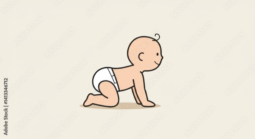 Minimalist illustration of a happy crawling baby in a diaper on a simple background. Postcard. Minimalist illustration of a happy crawling baby in a diaper on a simple background. Postcard.