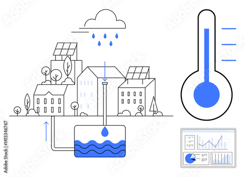 Smart urban area collecting rainwater into a tank, with solar panels on buildings, temperature gauge, and data analytics. Ideal for sustainability, eco-living, urban planning, water conservation