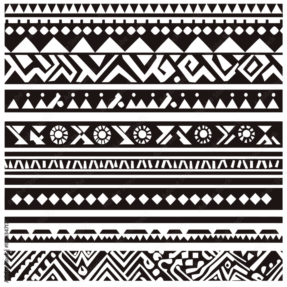 Aztec-inspired seamless pattern featuring a black and white tribal design Aztec-inspired seamless pattern featuring a black and white tribal design