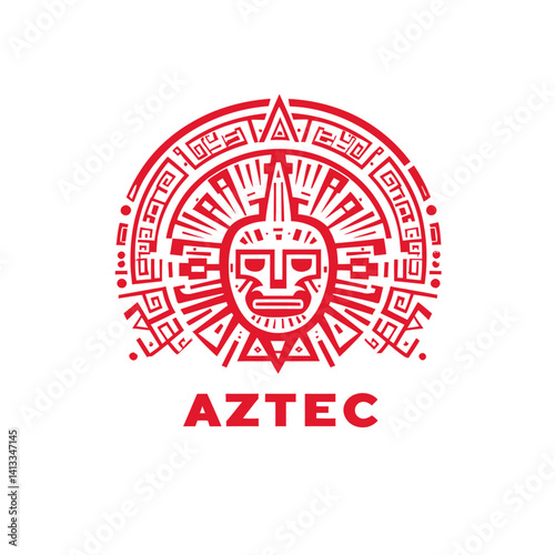 The Aztec sun tribal logo features a white background and a large sun symbol at its center, accompanied by an ancient idol emblem