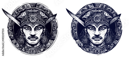 Aztec totem, Mexican god warrior and crossed swords tattoo, symbolizing the ancient Mayan civilization, depicted in black and white modern graphics