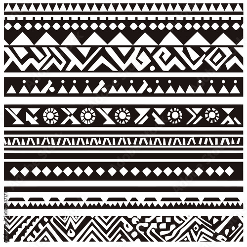 Aztec-inspired seamless pattern featuring a black and white tribal design