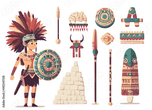Aztec and maya characters of ancient mexican culture in Mexico and mayan civilization illustration set with traditional ethnic pyramid and ritual decoration symbols isolated on white background