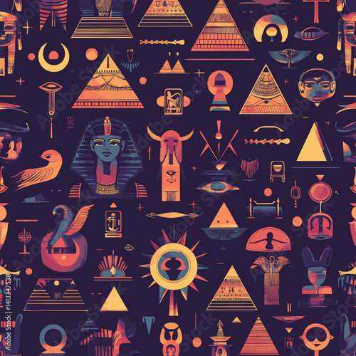 A modern, hand-drawn Aztec design featuring seamless hieroglyphic symbols, suitable as a tribal background for wallpaper, fashion wrapping, and textile printing