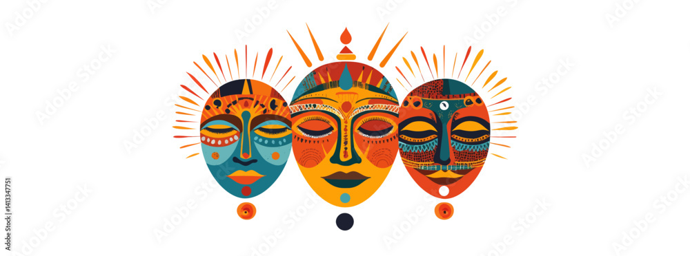 Obraz premium Vibrant abstract suns featuring faces are available as pre-made cards, showcasing a range of emotions through trendy, hand-drawn illustrations in an ethnic style, ideal for textile prints