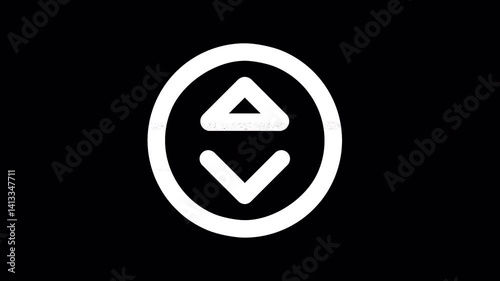 Icon sort circle up is distorted. Glitch. Noise, chromatic aberration, geometric distortion. Transparent background, looped. In-Out looped. Alpha BW at the end