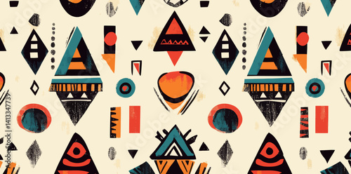 This modern seamless pattern boasts a creative ethnic style, complete with unique geometric drawings in a variety of colors, making it perfect for backgrounds, backdrops, and designs