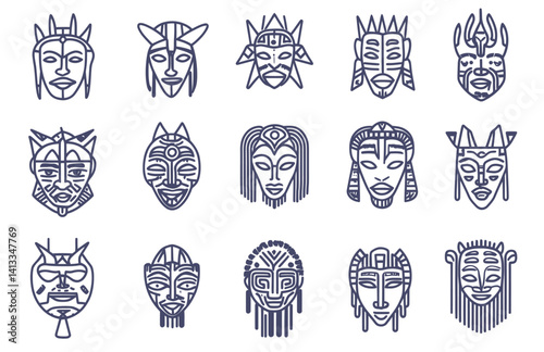 A set of icons featuring the outline of an African mask is presented in a modern illustration style on a white background, incorporating tribal and voodoo elements