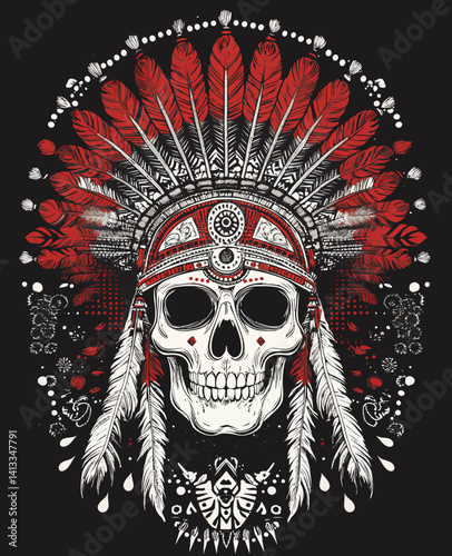 The design features a modern illustration of an Indiana Apache skull in a tribal style