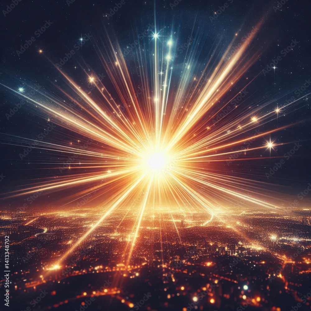 Naklejka premium A stunning explosion of light illuminating a cityscape at night, symbolizing innovation and energy. Perfect for tech, creativity, and inspiration themes.
