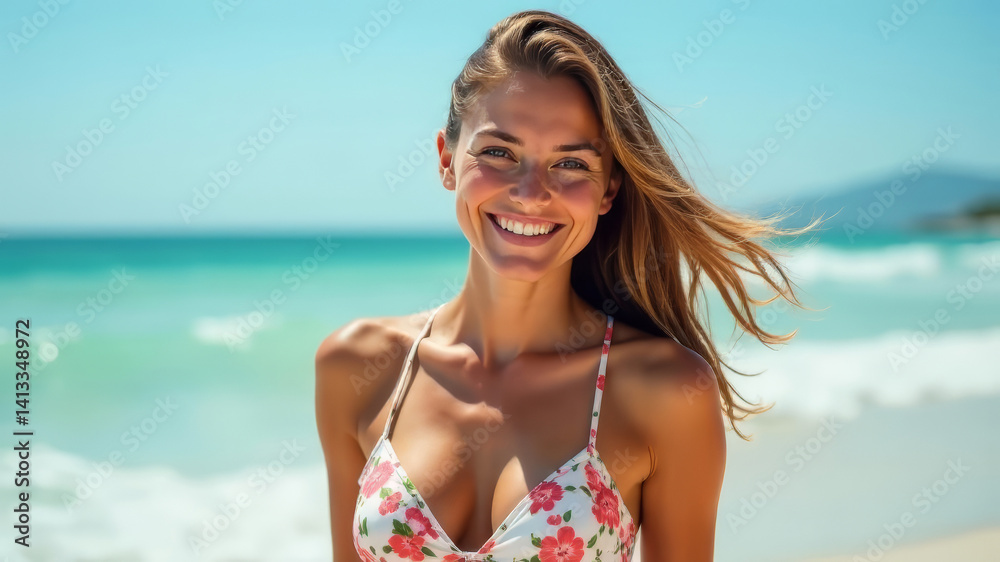 woman with a floral bikini, playfully tossing her hair back with a radiant smile, background features soft waves and a clear blue sky, creating a lively and cheerful atmosphere woman with a floral bikini, playfully tossing her hair back with a radiant smile, background features soft waves and a clear blue sky, creating a lively and cheerful atmosphere