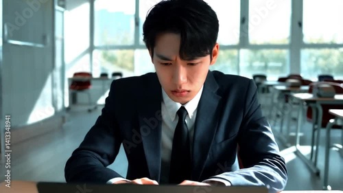 Focused Student Young man in a suit working on a laptop in class.