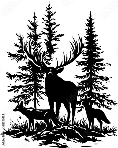Moose Designs, vector, animal, illustration, tattoo, tree, silhouette, forest, black, art, nature, deer, tribal, wild, design, symbol, christmas, bird, logo, head, mammal, dragon, horse, drawing, patt