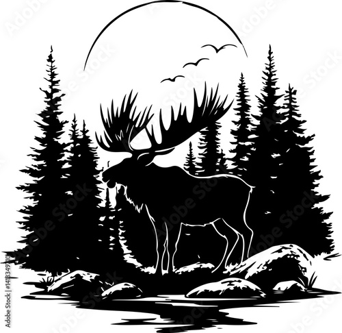 Moose Designs, vector, animal, illustration, tattoo, tree, silhouette, forest, black, art, nature, deer, tribal, wild, design, symbol, christmas, bird, logo, head, mammal, dragon, horse, drawing, patt