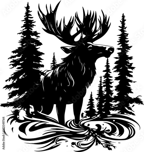 Moose Designs, vector, animal, illustration, tattoo, tree, silhouette, forest, black, art, nature, deer, tribal, wild, design, symbol, christmas, bird, logo, head, mammal, dragon, horse, drawing, patt