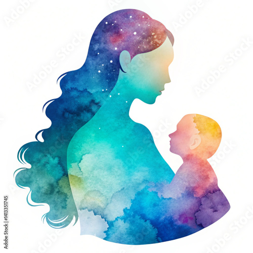 Illustration of Double exposure illustration. Side view of Happy mom with baby silhouette plus abstract water color painted. Mother`s day. Digital art painting. Vector illustration. isolated on white 