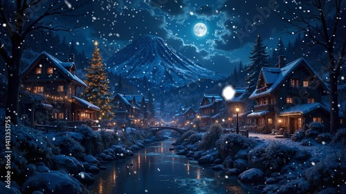 Winter Village with Snowy Landscape Under Moonlight  