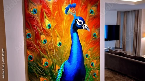 Abstract Peacock Art Colorful painting in a contemporary home.